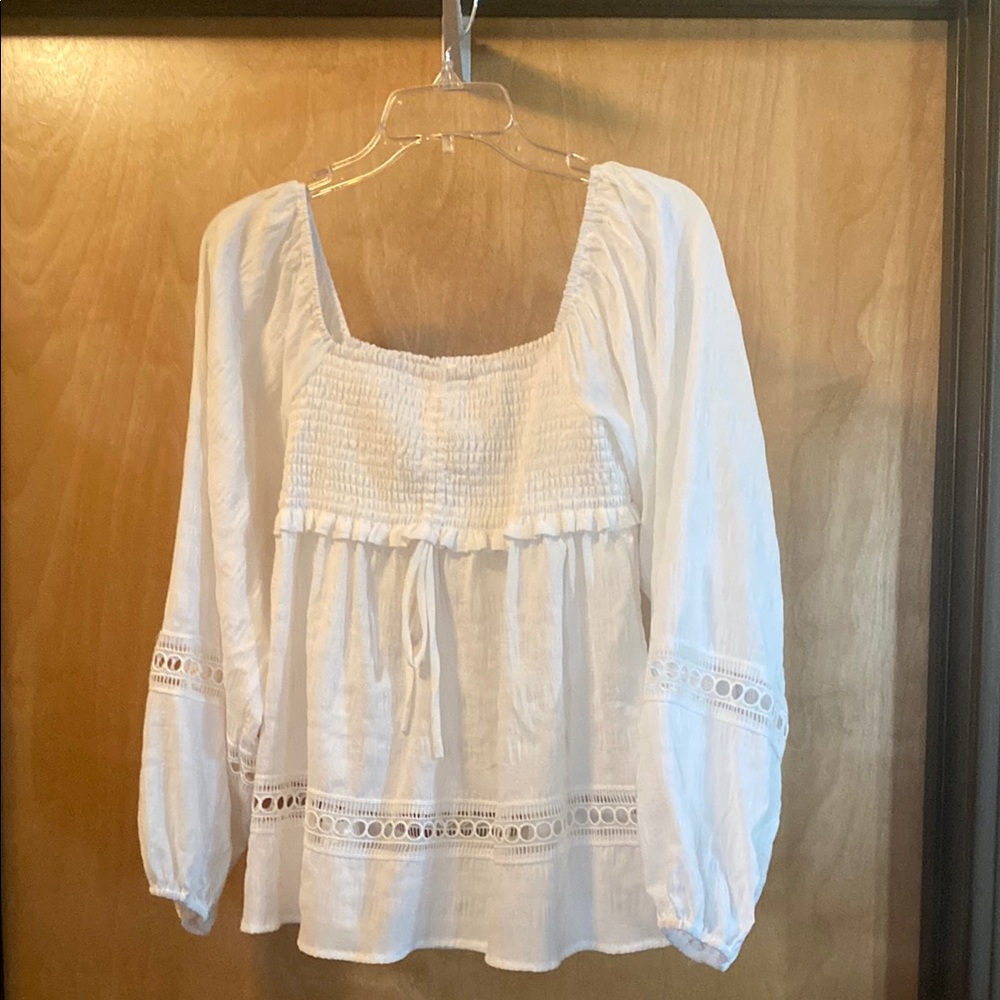 White Peasant Smocked Babydoll Blouse - Women